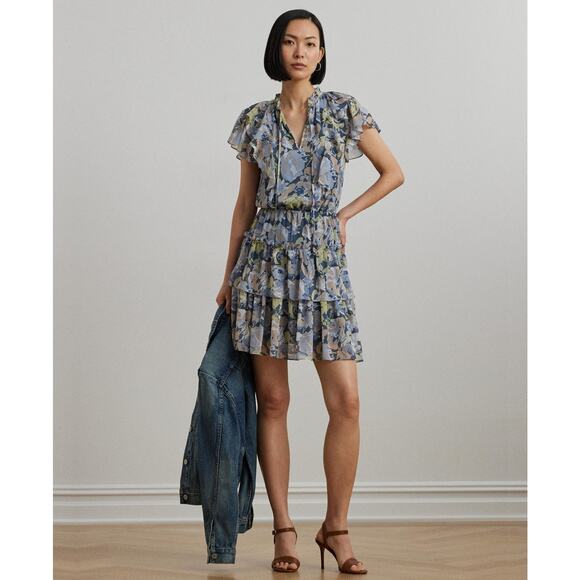 Lauren Ralph Lauren Dresses & Skirts - Lauren Ralph Lauren Petite Floral Ruffle-Trim Georgette Dress Blue Size 8P 2186